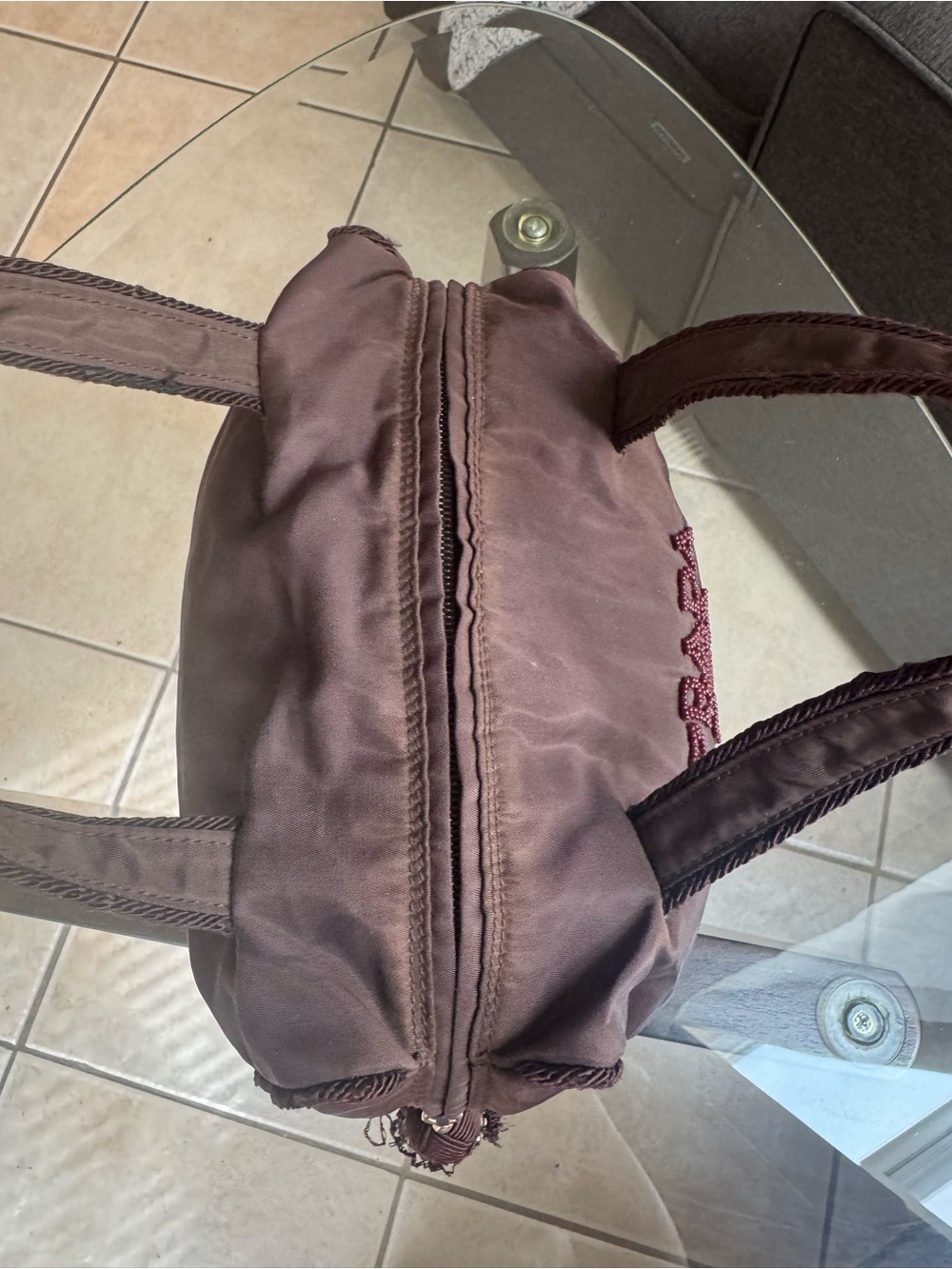 Prada Mini Nylon Satchel in Deep Brown with Beaded Logo - Picture 7 of 14
